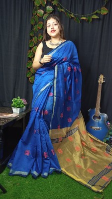 rinasareehouse Woven Handloom Cotton Silk Saree(Blue)