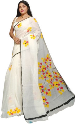 ANU INDIAN FASHION Hand Painted, Floral Print Handloom Cotton Blend Saree(White, Yellow)