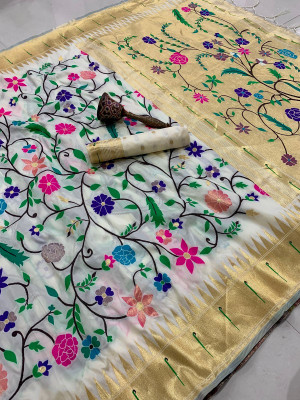 HouseOfCommon Woven Banarasi Cotton Silk Saree(White)