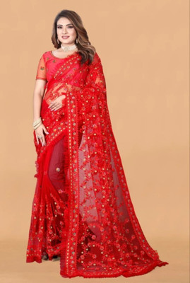 NIYANTAKSH Embroidered Bollywood Net Saree(Red)