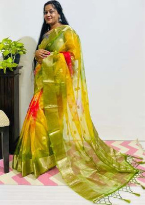 KOTHARI KS Solid/Plain Bandhani Organza Saree(Light Green)