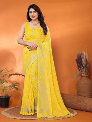 ROOP SUNDARI SAREES Embellished Bollywood Georgette Saree(Yellow)