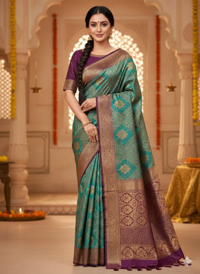 LOKAVANYA Printed Banarasi Cotton Silk Saree(Blue)