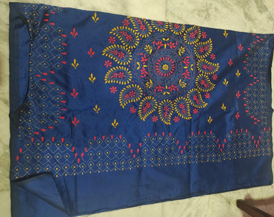 Balaji Creation24 Embroidered Kantha Cotton Blend, Silk Blend Saree(Blue)