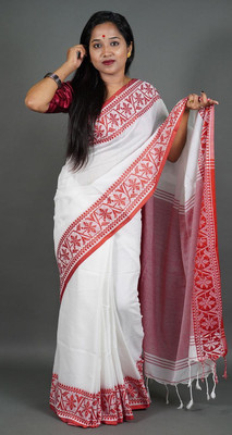 Goswami Fashion Self Design Saree with Attached Blouse Cotton Blend Saree(White)