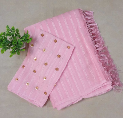 JM FASHIONS HUB Striped, Embellished, Self Design Daily Wear Crepe Saree(Pink)