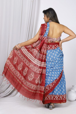 NIKHILAM Blocked Printed, Color Block, Dyed, Floral Print, Printed Chanderi Chanderi Saree(Blue)