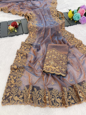 K 5 FASHION Embellished, Self Design Bollywood Tissue Saree(Blue)