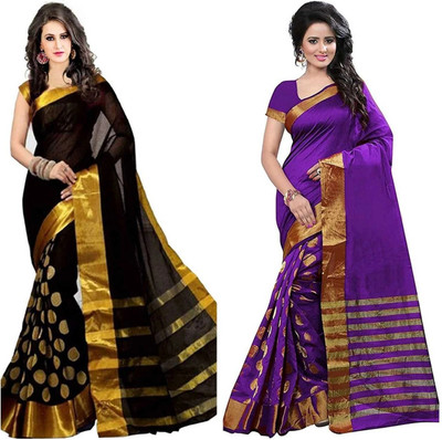Rofolav Embellished, Solid/Plain, Striped Daily Wear Chanderi, Cotton Silk Saree(Pack of 2, Black, Purple)