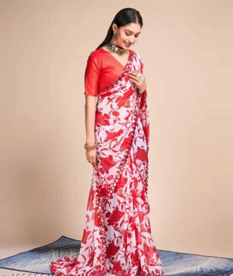 MAHARAJ SAREES Solid/Plain Bollywood Georgette Saree(Red)