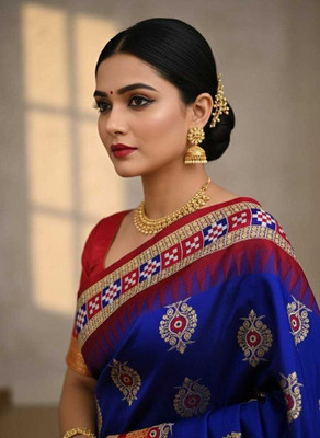 Tilfelle Woven, Temple Border Sambalpuri Silk Blend Saree(Blue, Red)