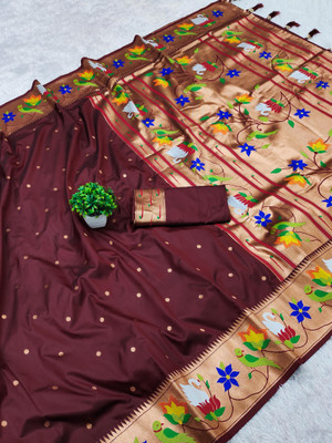 PANZORA Woven Paithani Cotton Silk Saree(Brown)