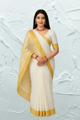 SHRISAREEESa Striped Bollywood Pure Cotton Saree(White)