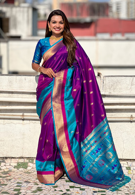SICHYAH Woven, Self Design Paithani Pure Silk Saree(Magenta)
