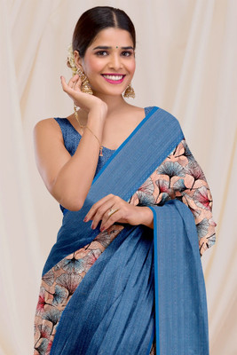 Dharmata Enterprise Digital Print Banarasi Cotton Silk Saree(Blue)