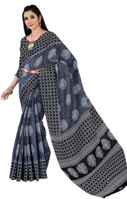 GEL AMBE CREATION Printed Ikkat Pure Cotton Saree(Grey, Black)