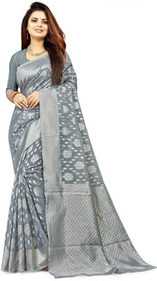 Saadhvi Self Design Banarasi Cotton Blend Saree(Grey)