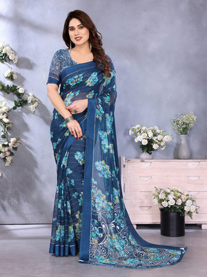 Moda Rapido Embellished, Floral Print Bollywood Georgette, Satin Saree(Blue)