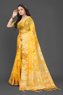 HouseOfCommon Solid/Plain, Woven Bollywood Organza Saree(Yellow)