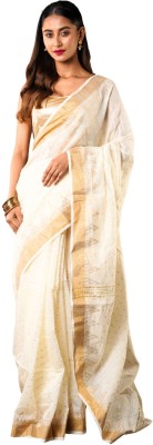 Amab Embroidered Handloom Cotton Silk Saree(Cream, Gold)