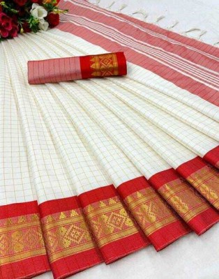 FashionPallavi Checkered, Woven Chettinadu Jacquard, Cotton Silk Saree(White, Red)