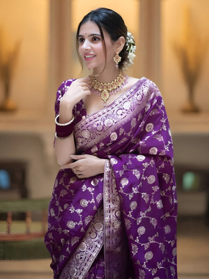 YASHIKA Woven Banarasi Cotton Silk, Jacquard Saree(Purple)