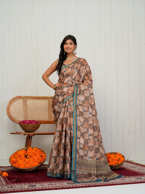 SHRIVAN FASHION Printed Bollywood Cotton Blend Saree(Beige, Multicolor)