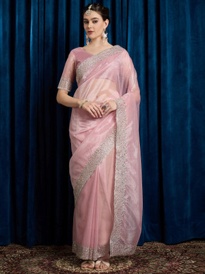 Tasrika Embroidered Bollywood Net Saree(Pink)