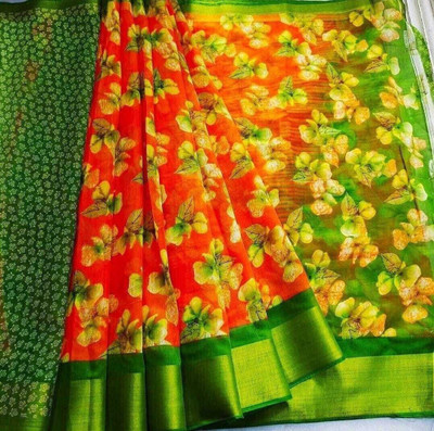 ROOP SUNDARI SAREES Printed Daily Wear Cotton Linen Saree(Orange)