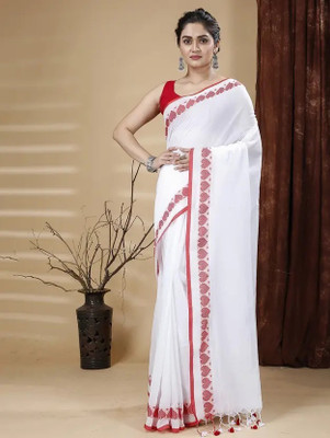 makalitraders Solid/Plain Handloom Cotton Blend Saree(White)