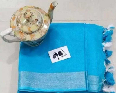 HAIDER ALI AND SONS Solid/Plain Banarasi Cotton Linen Saree(Blue)