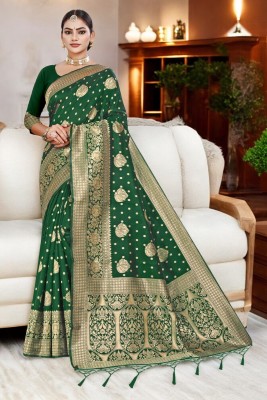 ALMEDA Embellished Kanjivaram Silk Blend Saree(Dark Green)