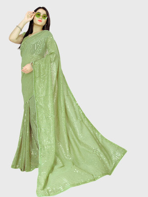 Bluebirdimpex Embellished Bollywood Georgette Saree(Light Green)