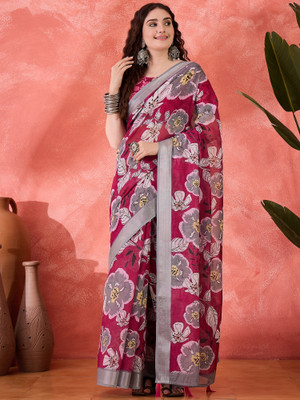 ShopGlobal Printed Banarasi Pure Cotton Saree(Purple)