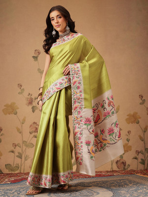SILK ZONE Digital Print Banarasi Tussar Silk Saree(Light Green)