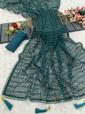 PIYA DESIGNER Polka Print Bandhani Chiffon Saree(Multicolor)