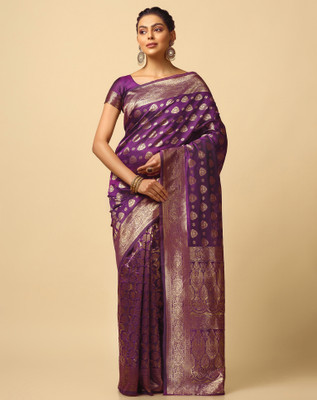 Samah Woven, Self Design, Embellished Banarasi Silk Blend, Jacquard Saree(Purple, Gold)