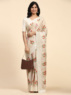Rachna Floral Print Bollywood Viscose Rayon Saree(Cream)