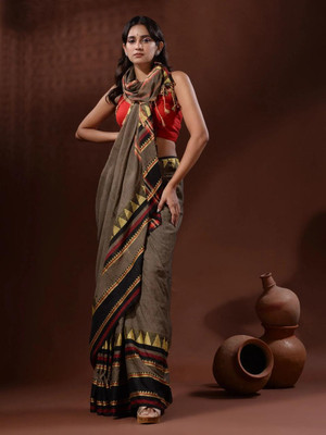 DHRITI Woven Handloom Cotton Blend Saree(Brown)