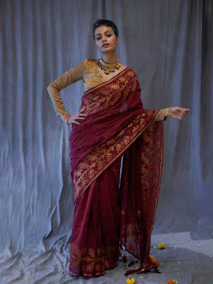 Lakshmi Boutique Woven Jamdani Handloom Jacquard Saree(Blue, Gold)