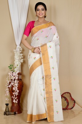 DipDiya Embroidered, Self Design, Woven Tant Pure Cotton Saree(White, Gold)