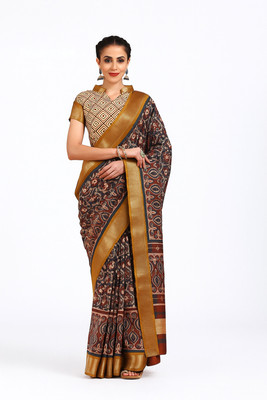 GSCMSTOREX Printed Ikkat Cotton Silk Saree(Mustard)