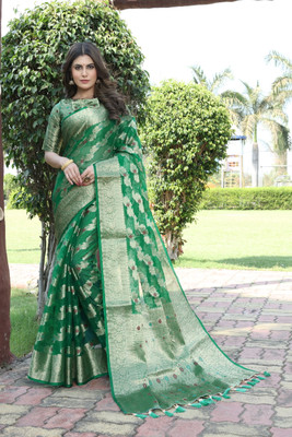 INDI FASHION Self Design Banarasi Organza, Cotton Silk Saree(Multicolor)
