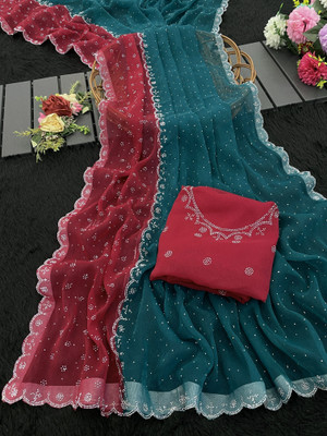 HouseOfCommon Embellished Bollywood Organza Saree(Dark Blue)