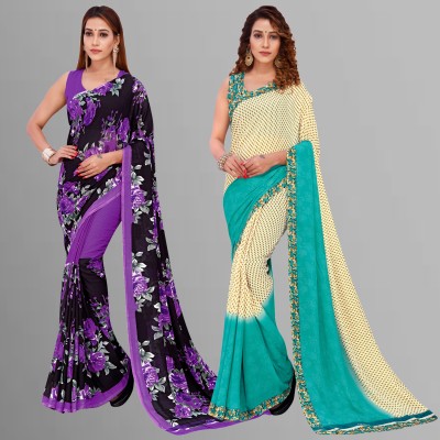 kashvi sarees Floral Print, Printed Daily Wear Georgette Saree(Pack of 2, Black, Cream)