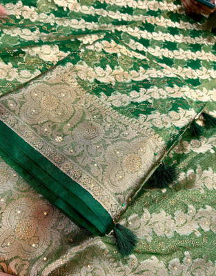 Banaras silk palace Woven Banarasi Organza Saree(Dark Green)