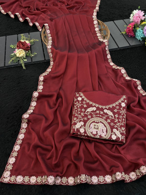 saanvi Solid/Plain, Self Design Bollywood Georgette Saree(Red)