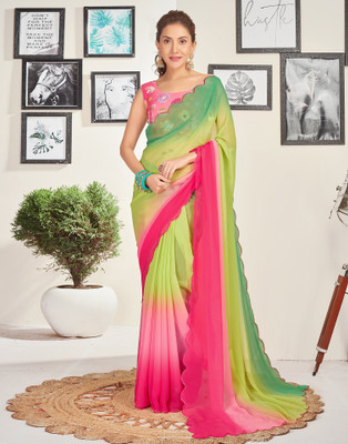 all about you Dyed, Embroidered Bollywood Georgette Saree(Green, Pink)