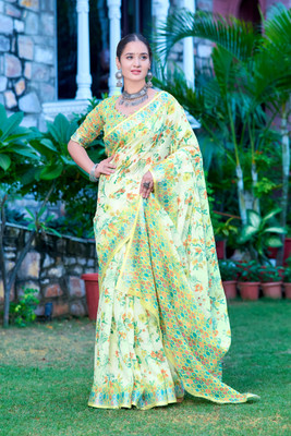 ZILVIRA Printed Daily Wear Cotton Linen Saree(Yellow)