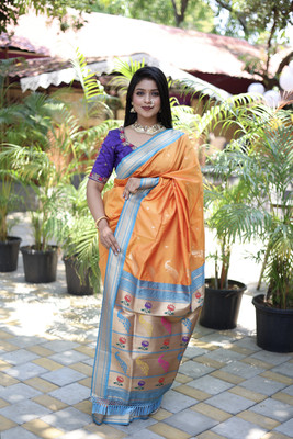 sarjan creation Woven Paithani Pure Cotton Saree(Orange)